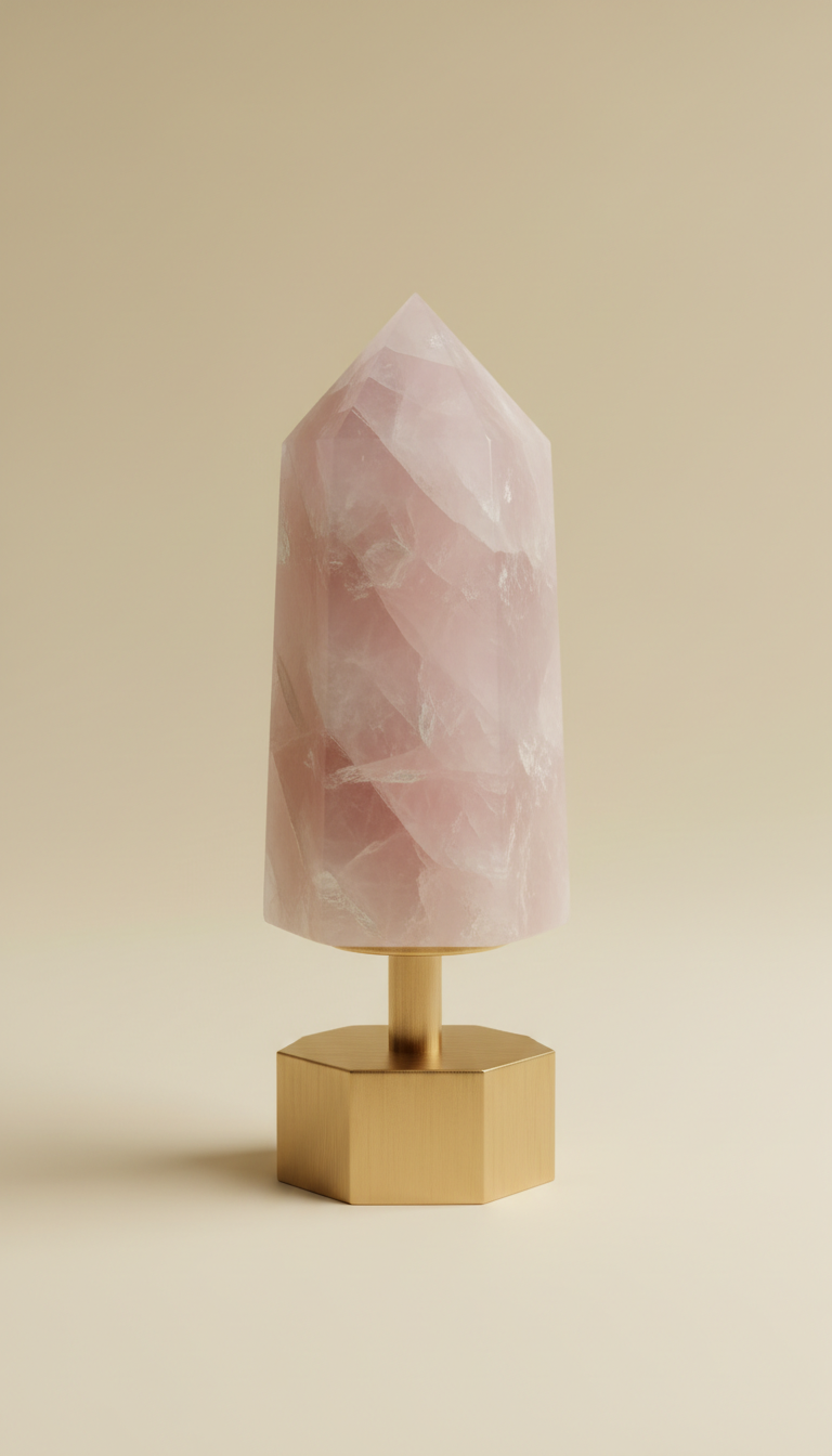 Polished rose quartz tower with brass base