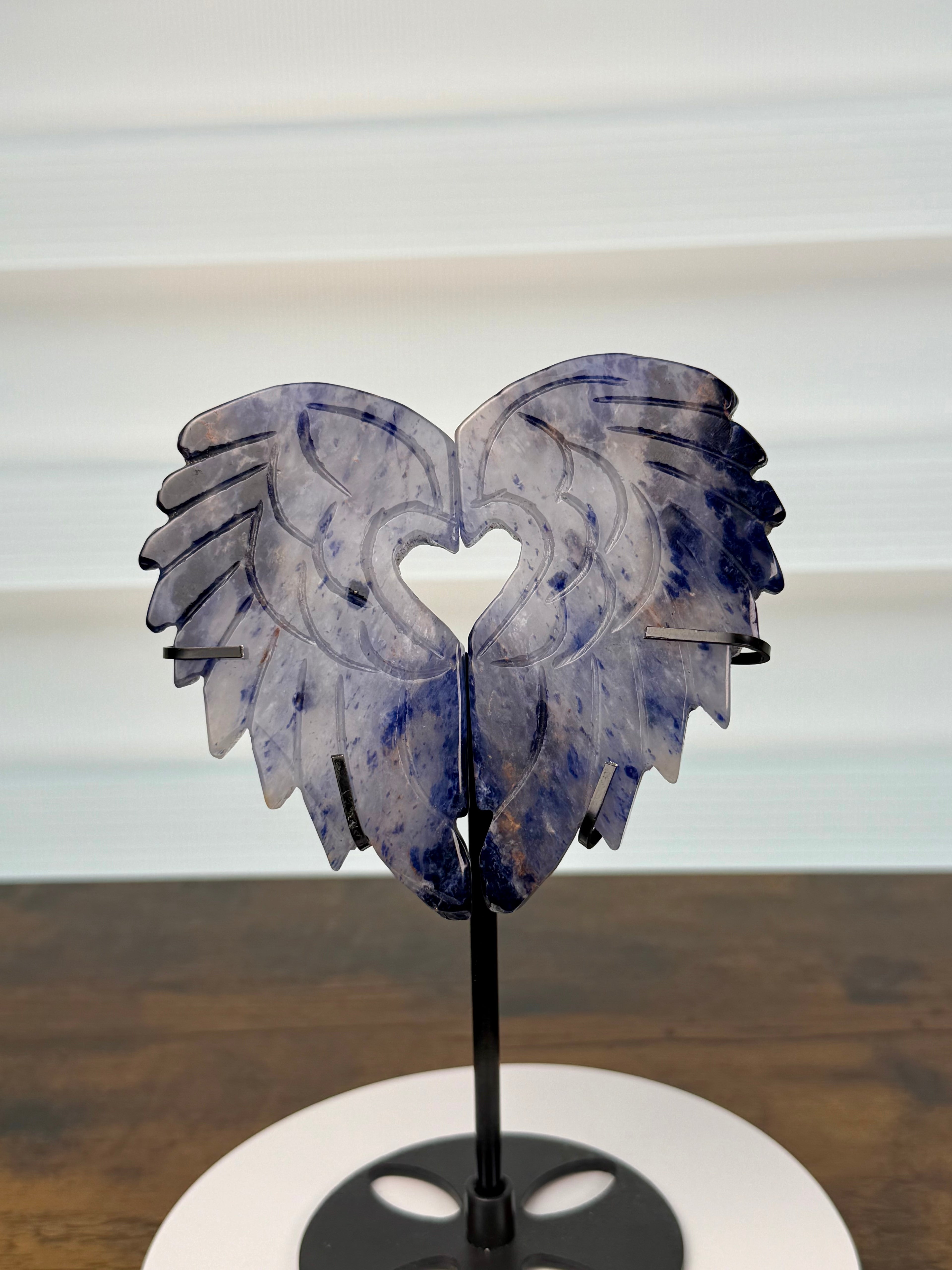 Sodalite Heart Wings with Custom Stand – $55