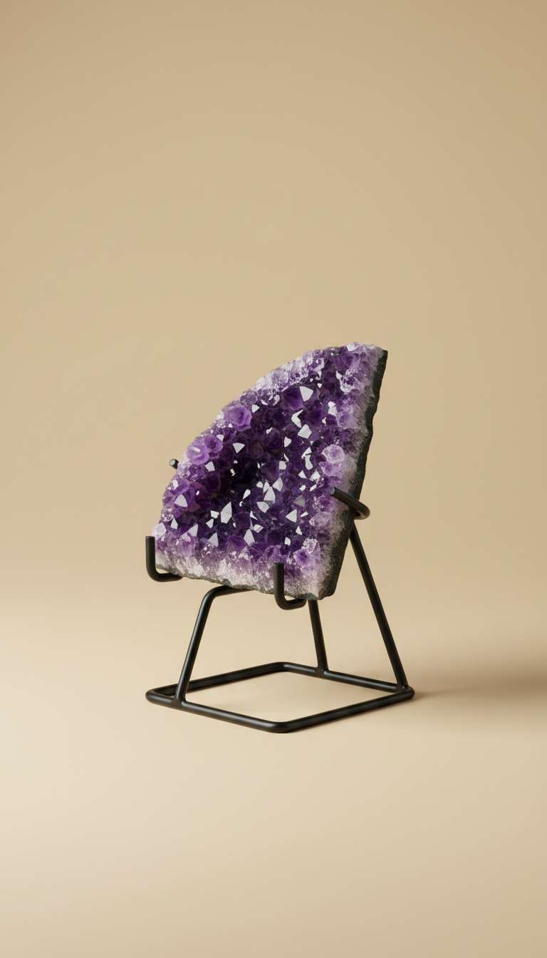 Raw amethyst geode on black metal stand