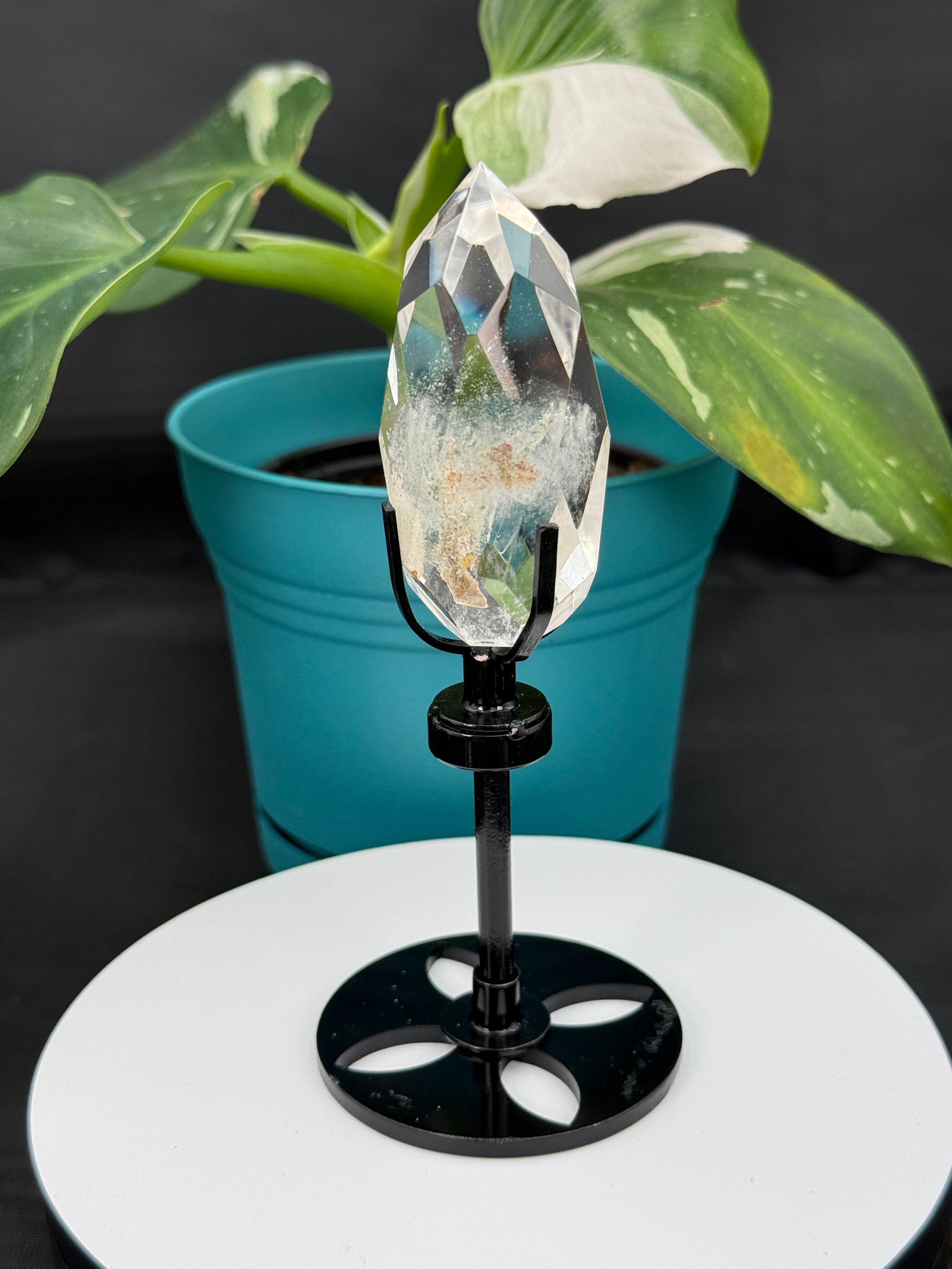 Clear Quartz with Garden Quartz Faceted Point on Custom Stand