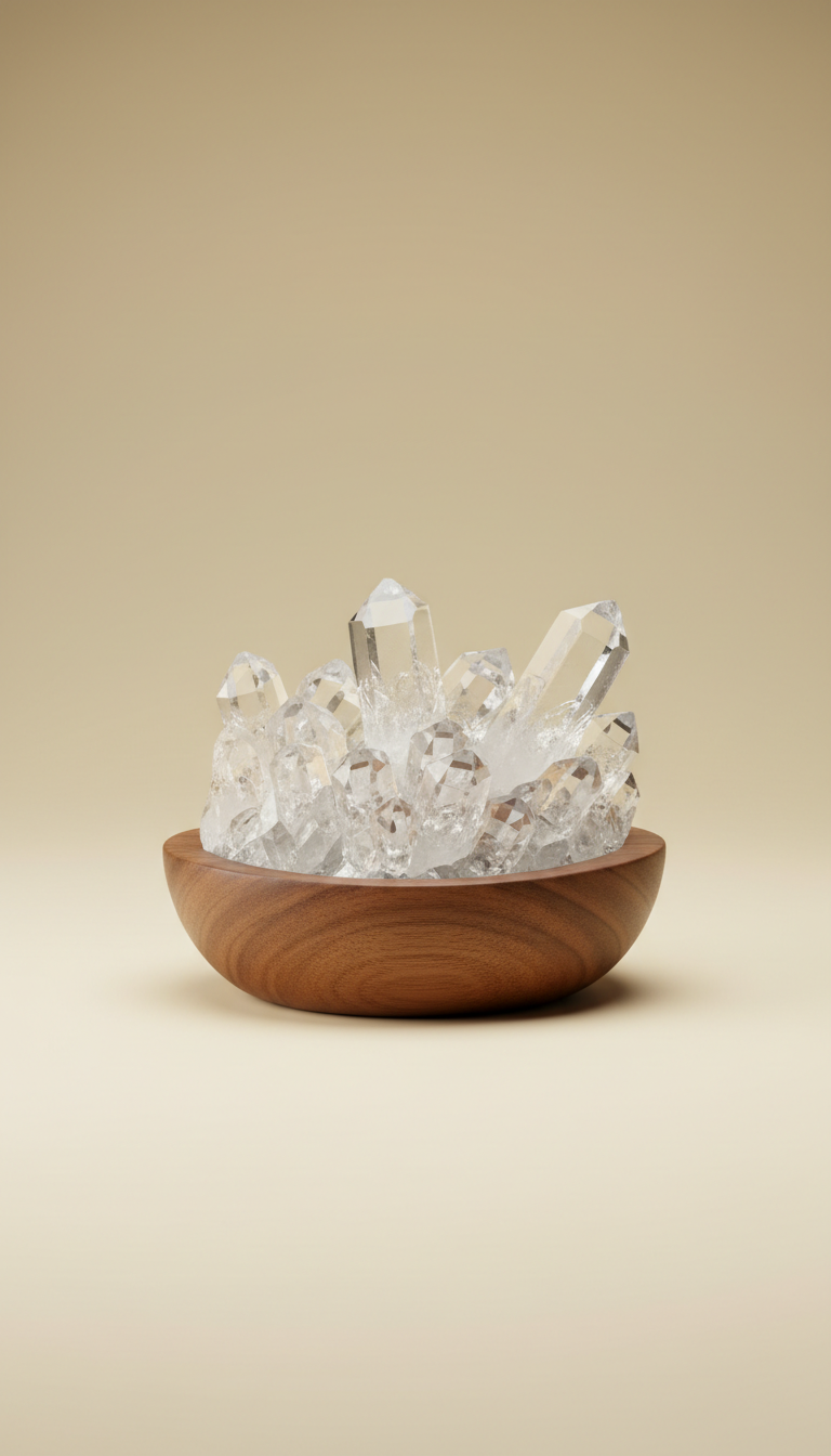 Clear quartz cluster with walnut stand