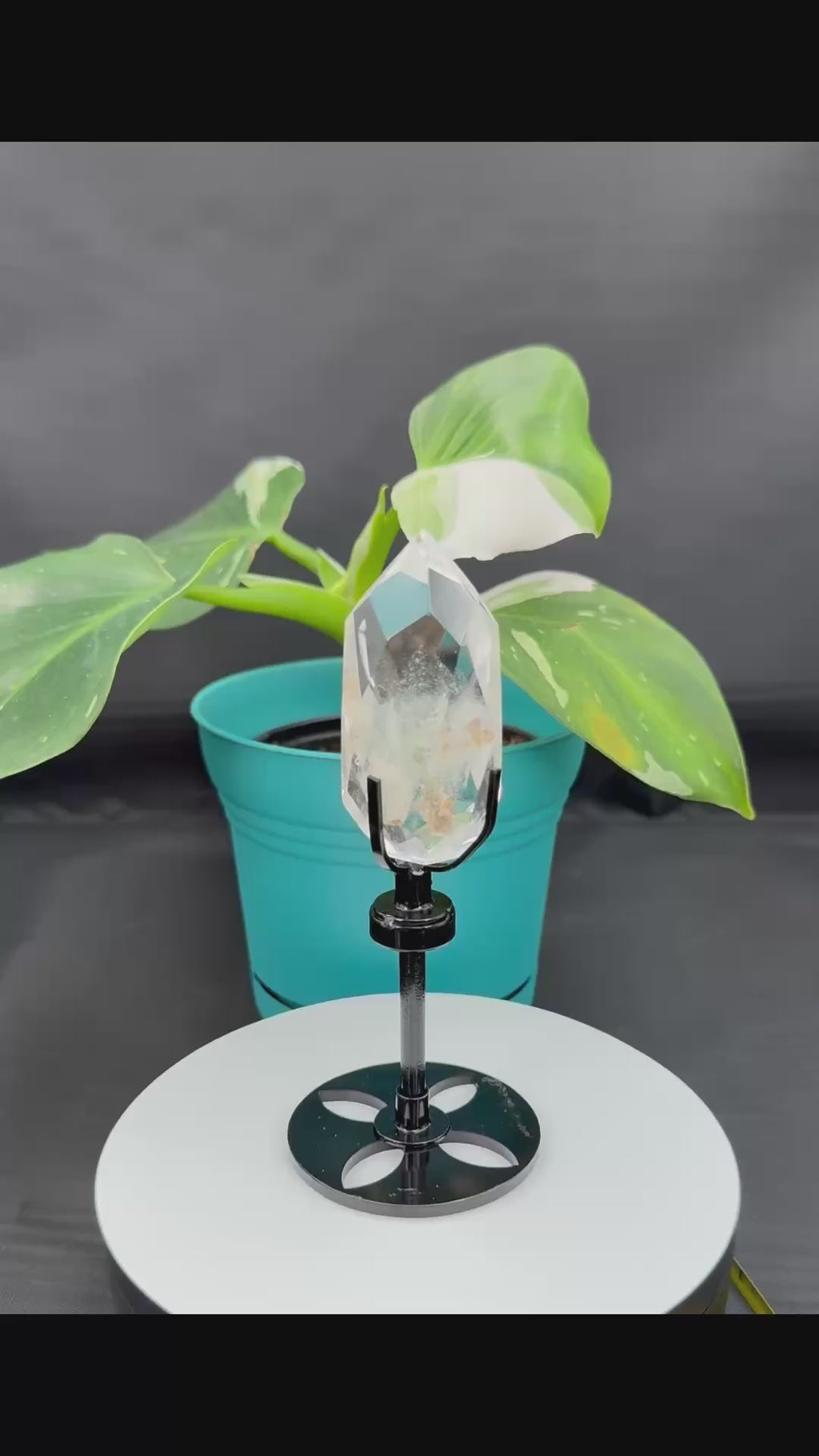 Clear Quartz with Garden Quartz Faceted Point on Custom Stand